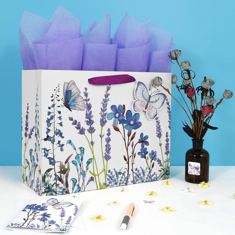Qirrmiy 13"" Large Purple Gift Bag Set with Greeting Card and Tissue Paper (Lavender and 3D Butterfly) Women's Birthday  Girls Party  Mother's Day  Wedding  Valentine's Day - Image 5
